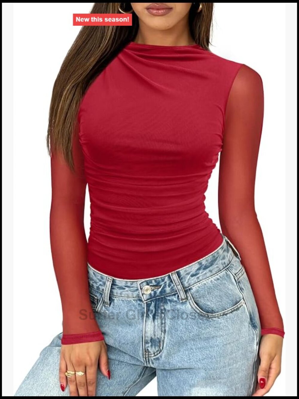 Sheer Mesh Long Sleeve Mock Neck Bodysuit Ruch Snap Closure